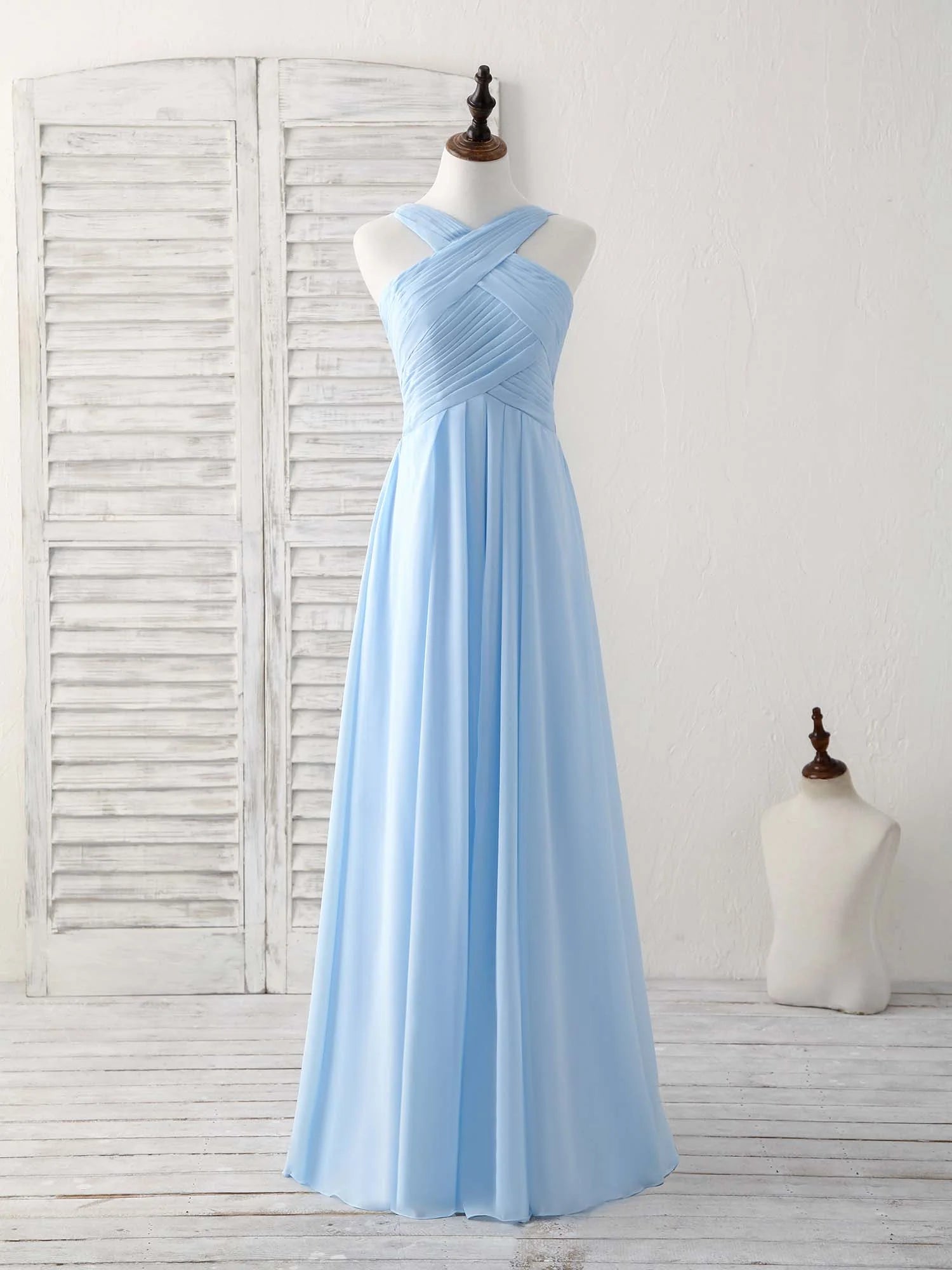 Buyishang Simple V Neck Chiffon Blue Long Prom Dress Blue Bridesmaid Dress Bridesmaid dress shop